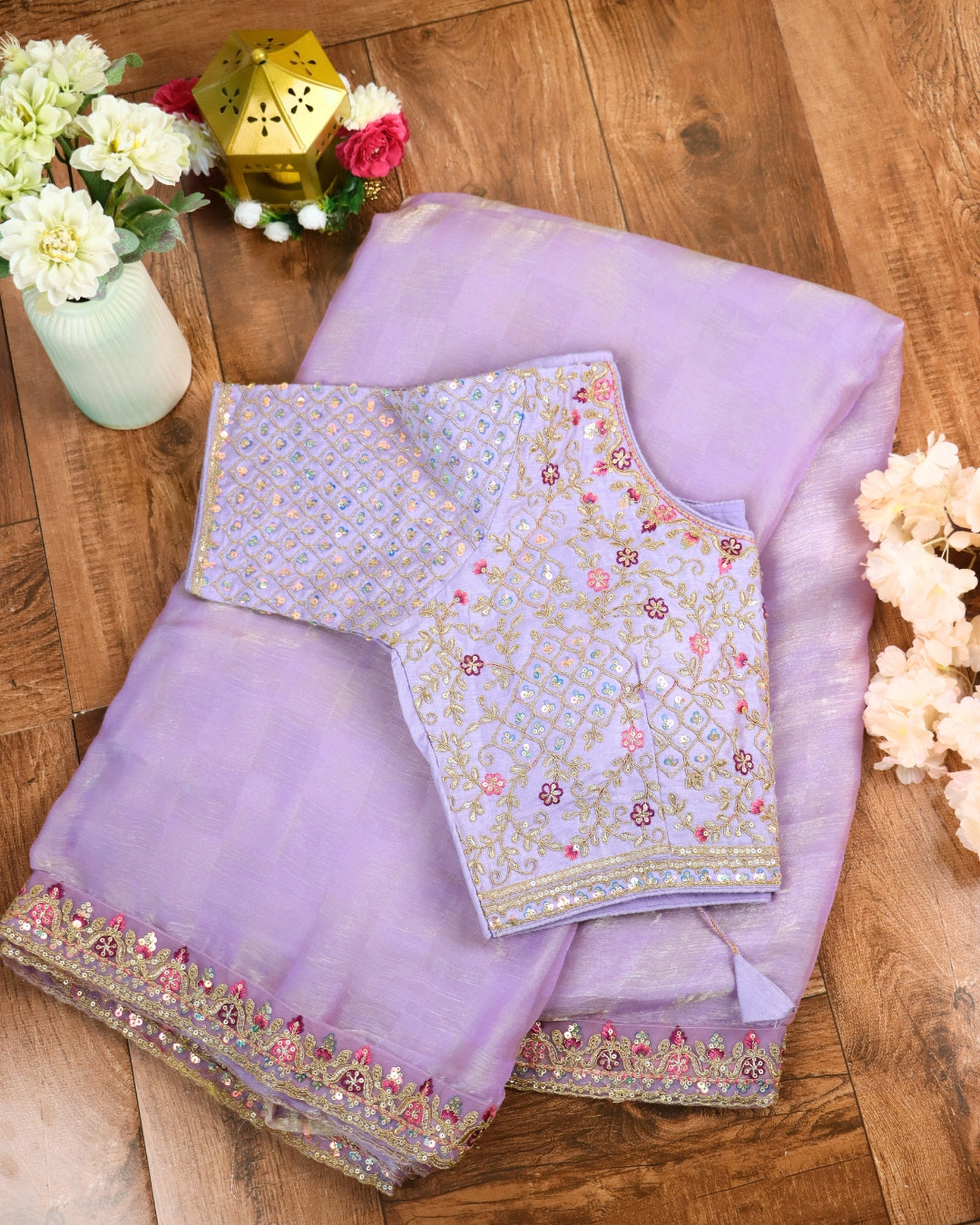 Lavender Saree with Embroidered Designer Blouse