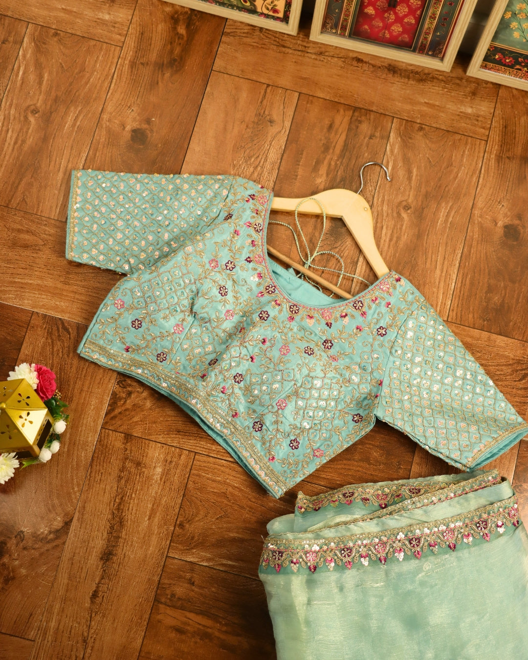 Sea blue fancy Saree with Hand Embroidered Designer Blouse