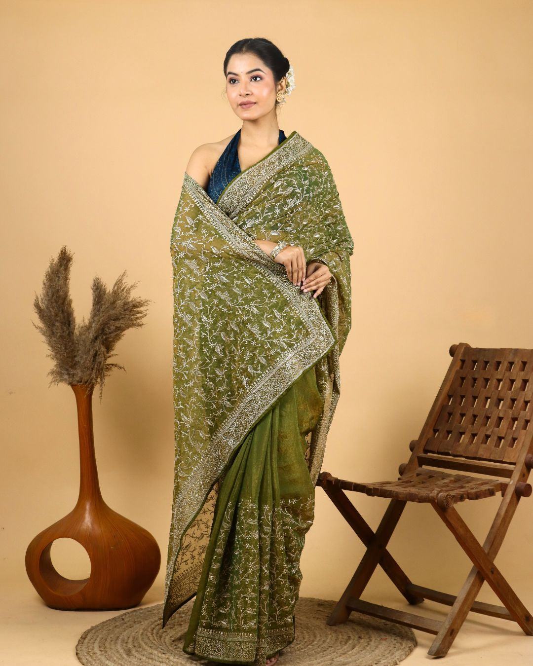 Olive Green Tissue Silk Saree