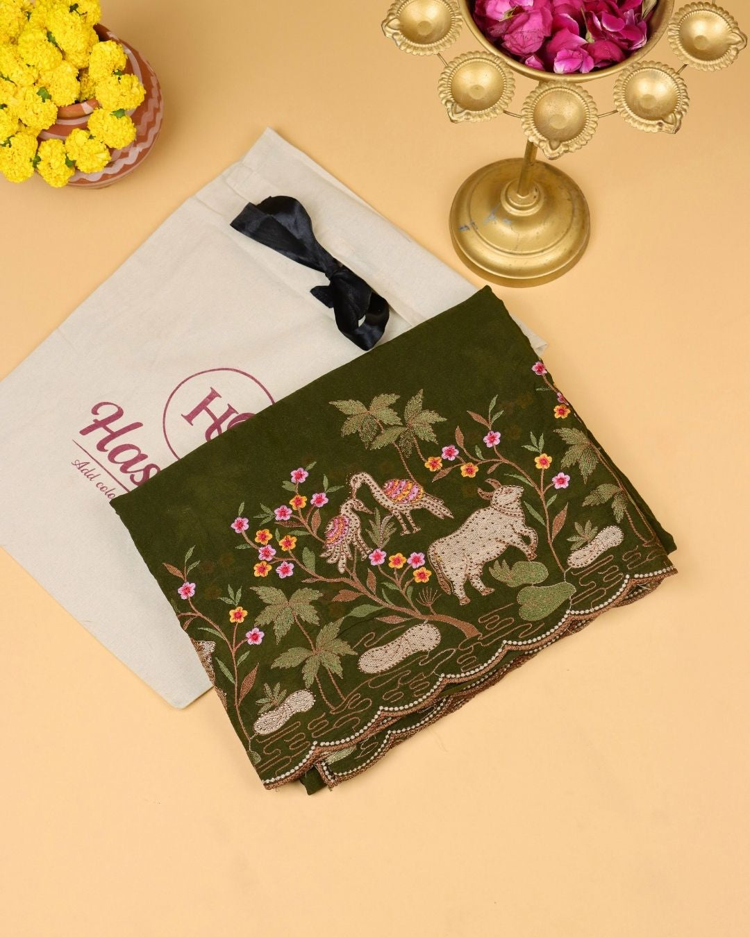 Olive Green Cotton Silk Saree