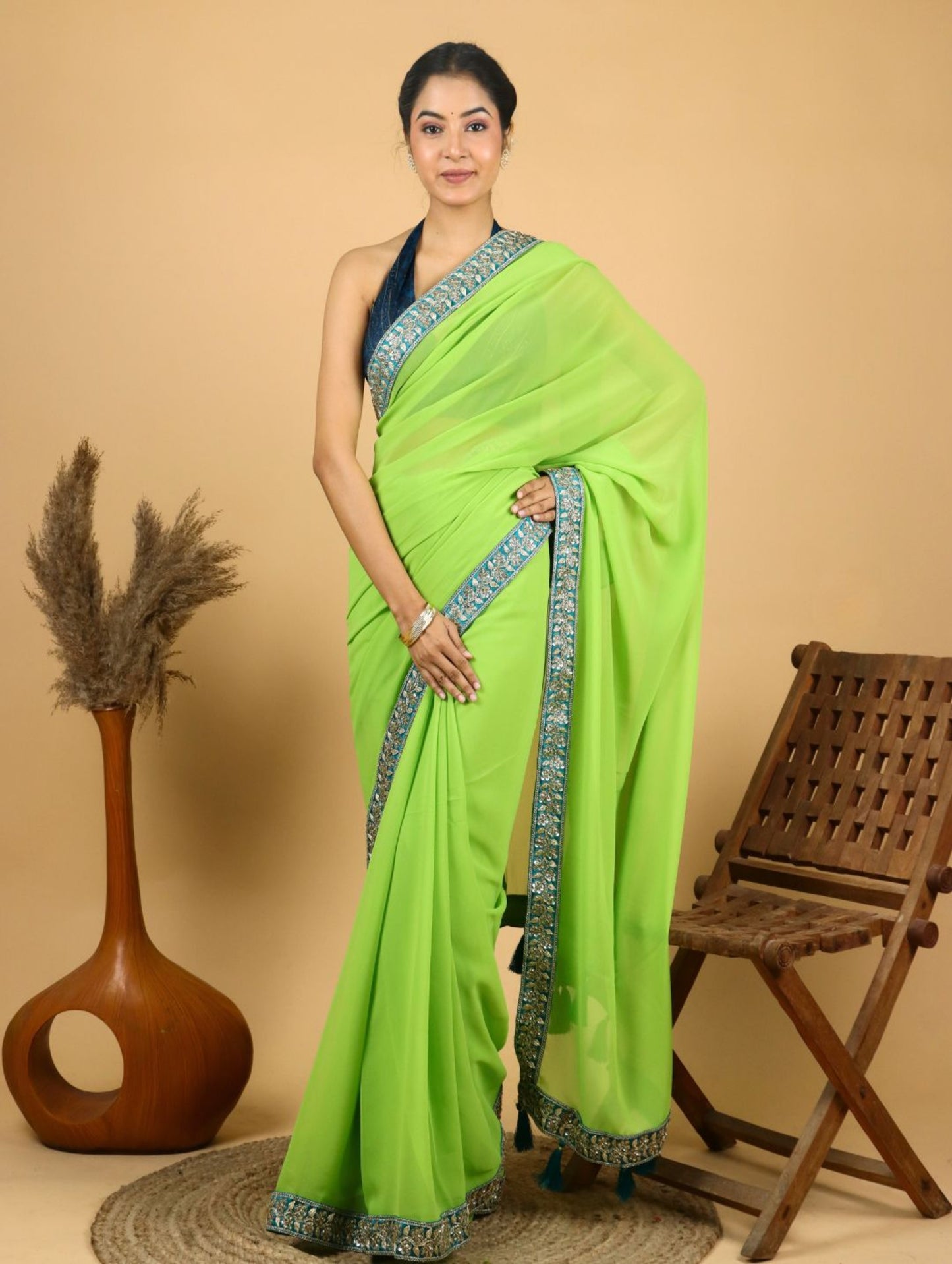 Lime green Georgette Saree