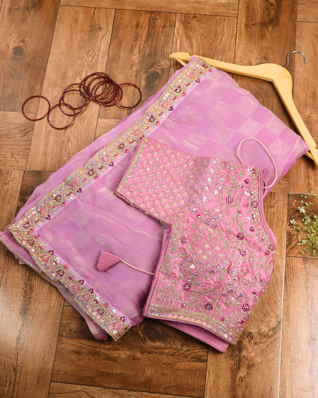Rose Pink Saree with Hand Embroidered Designer Blouse