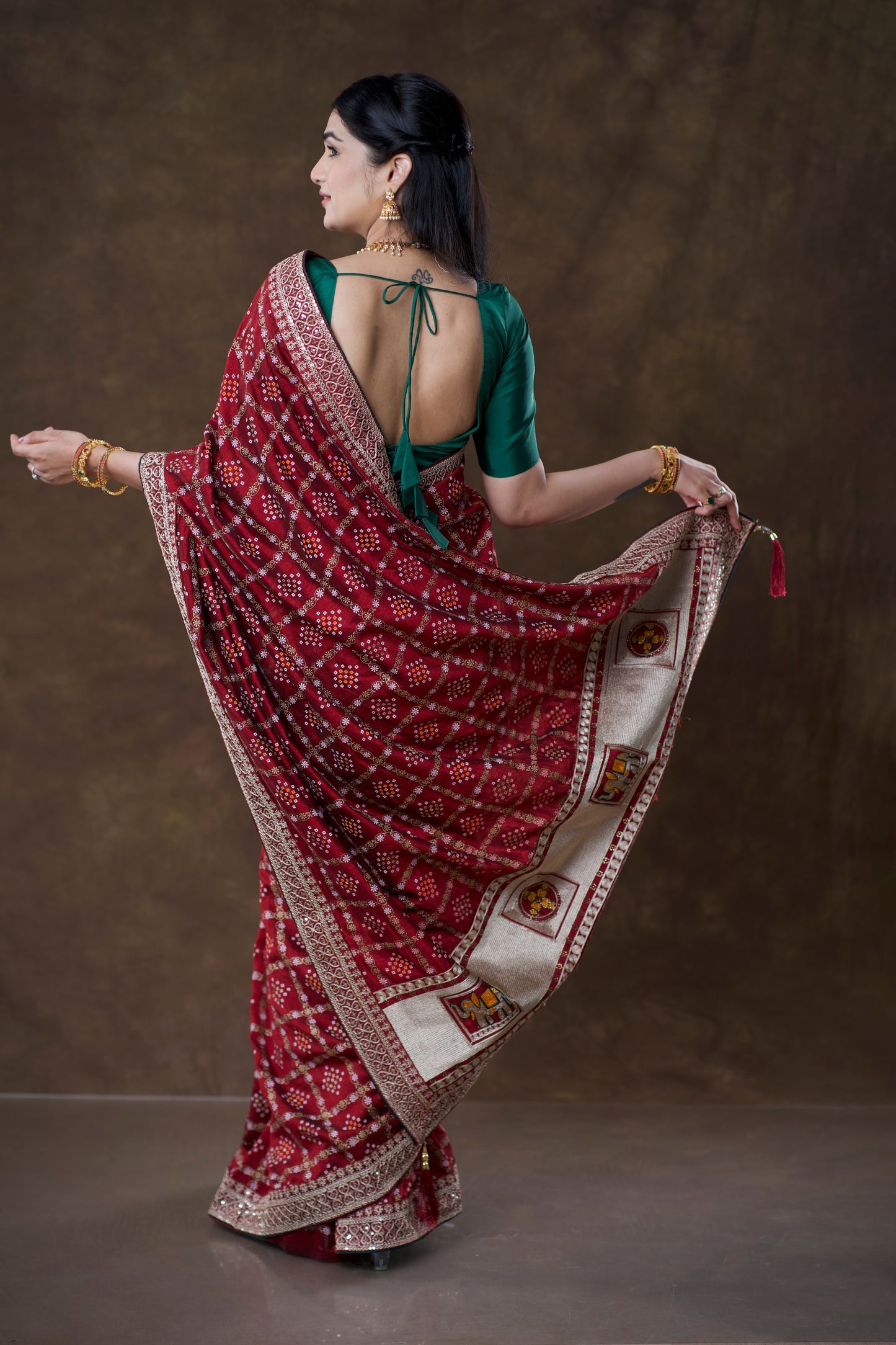 Crimson Red Blended Silk Bandhani Saree