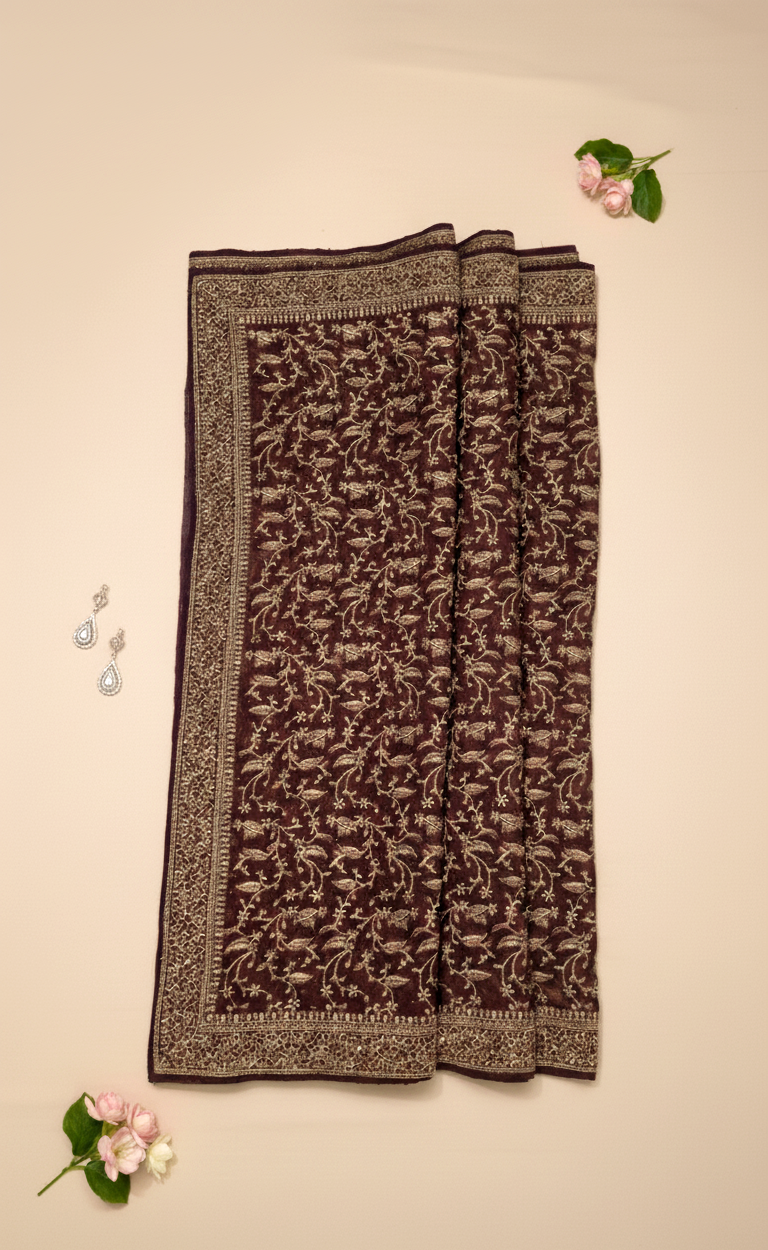 Wine Brown Royale Tissue Silk Saree