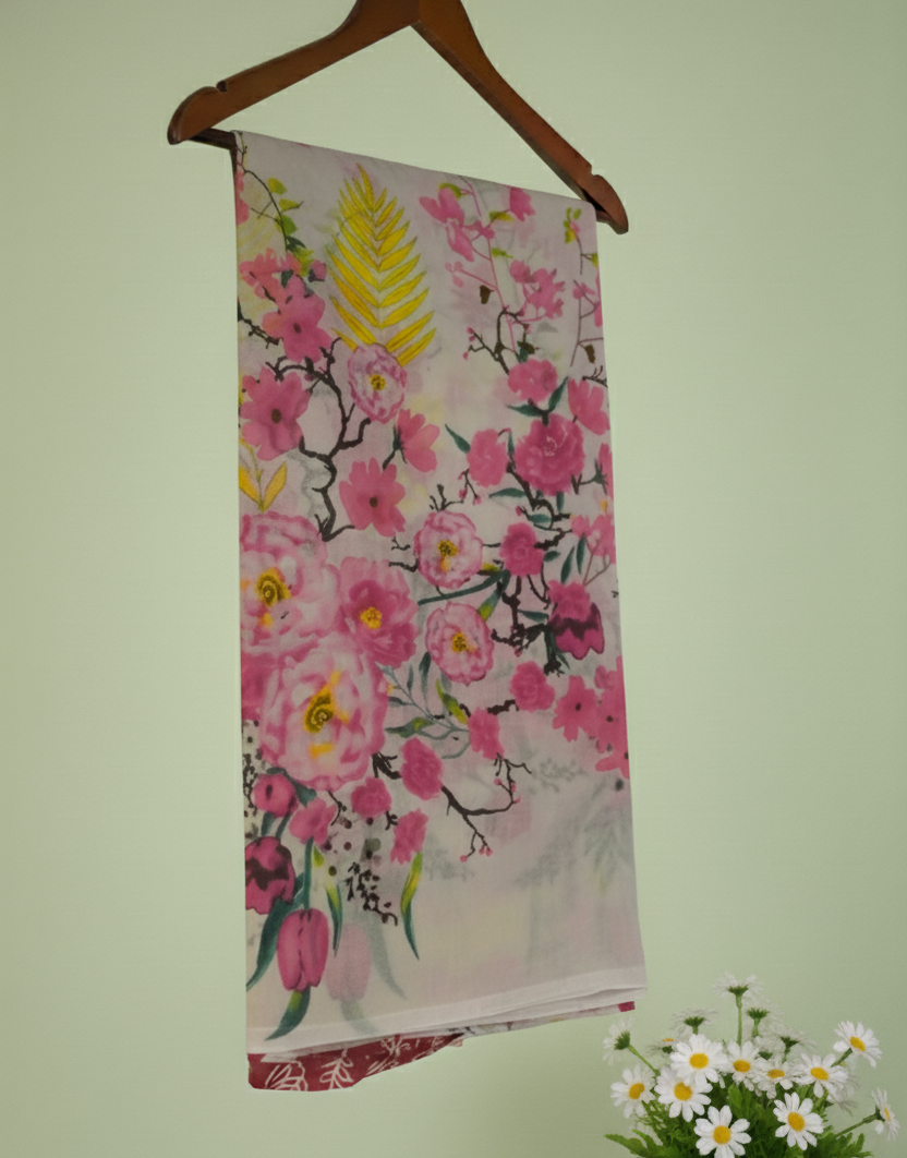 White & Pink Floral Mul Cotton Saree #1