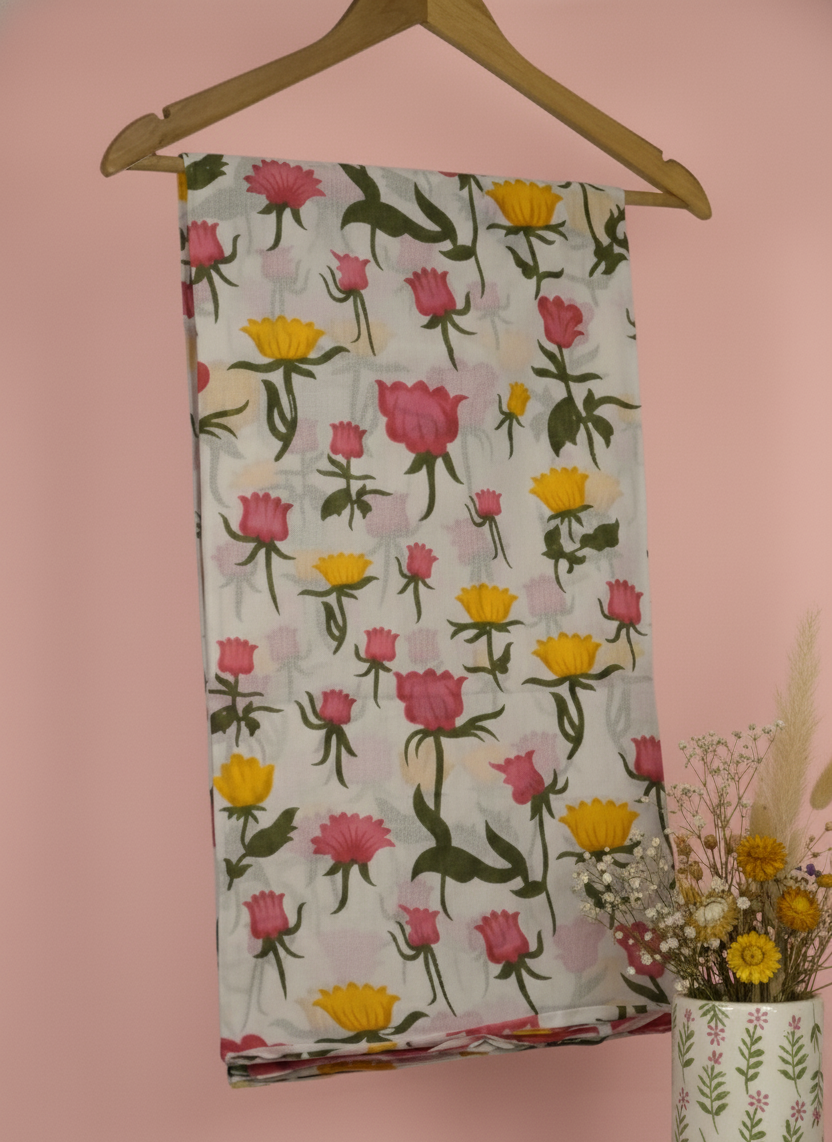 White & Pink Floral Cotton Saree #2