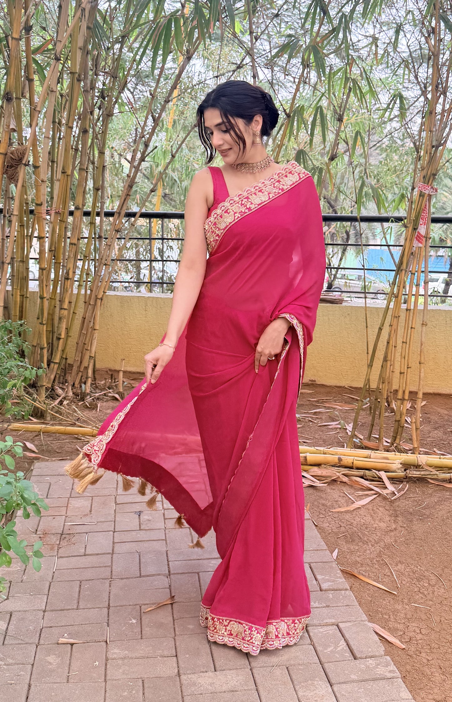 Rani Pink Embroidered Georgette Saree
