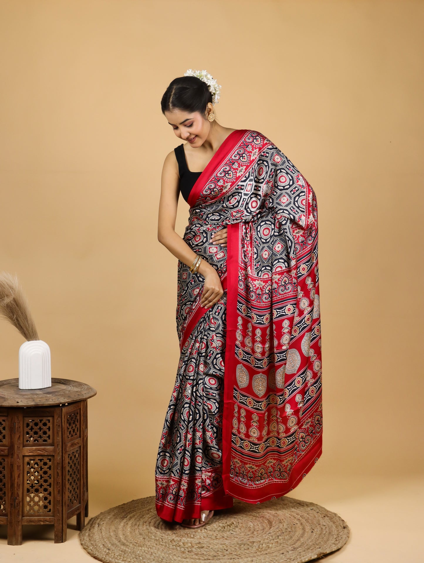 Crimson Red Satin Printed Saree