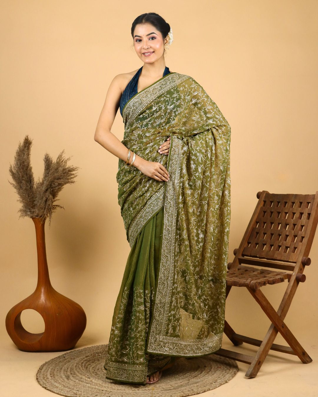 Olive Green Tissue Silk Saree