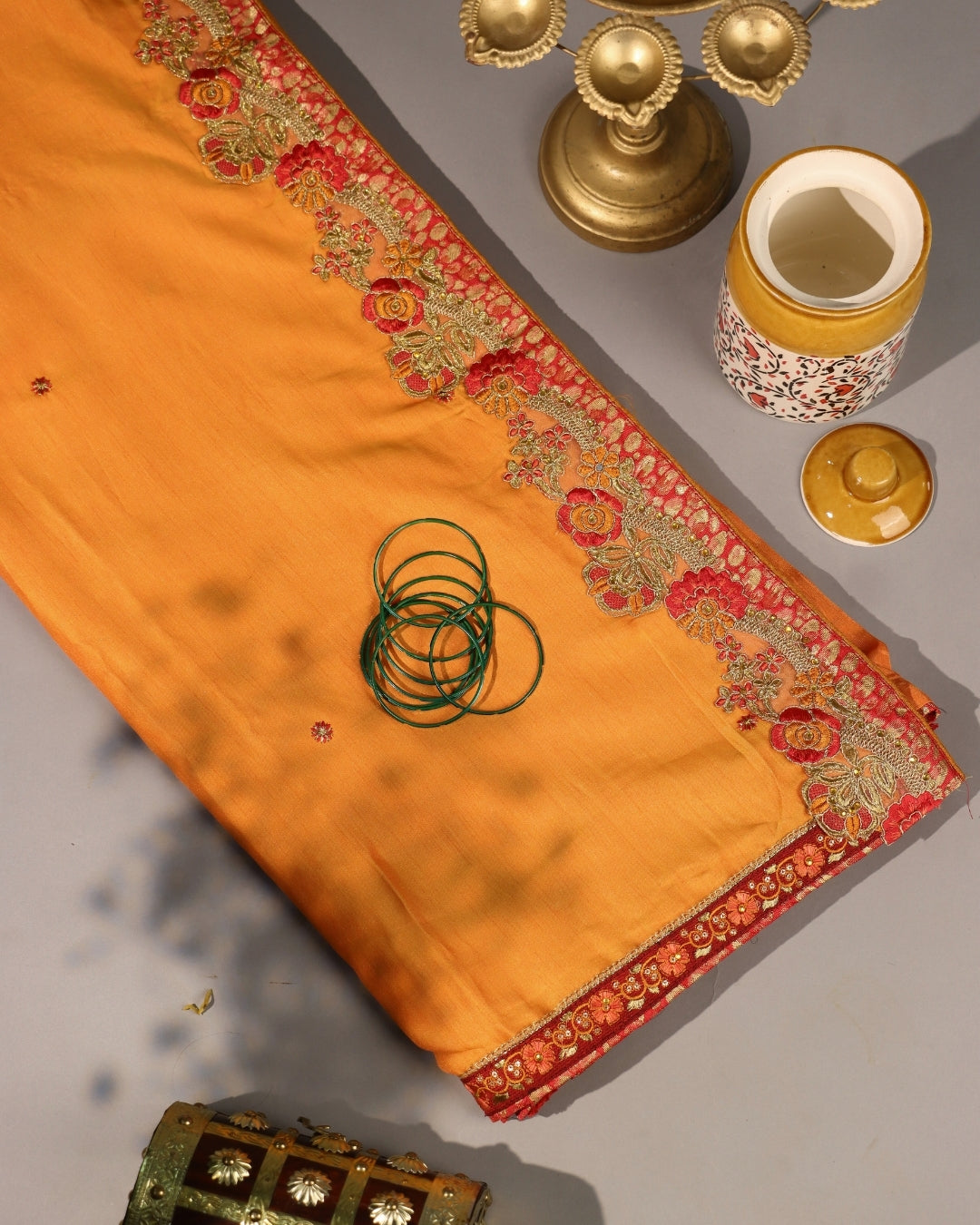 Mustard Yellow Silk Saree with Floral Embroidered Border