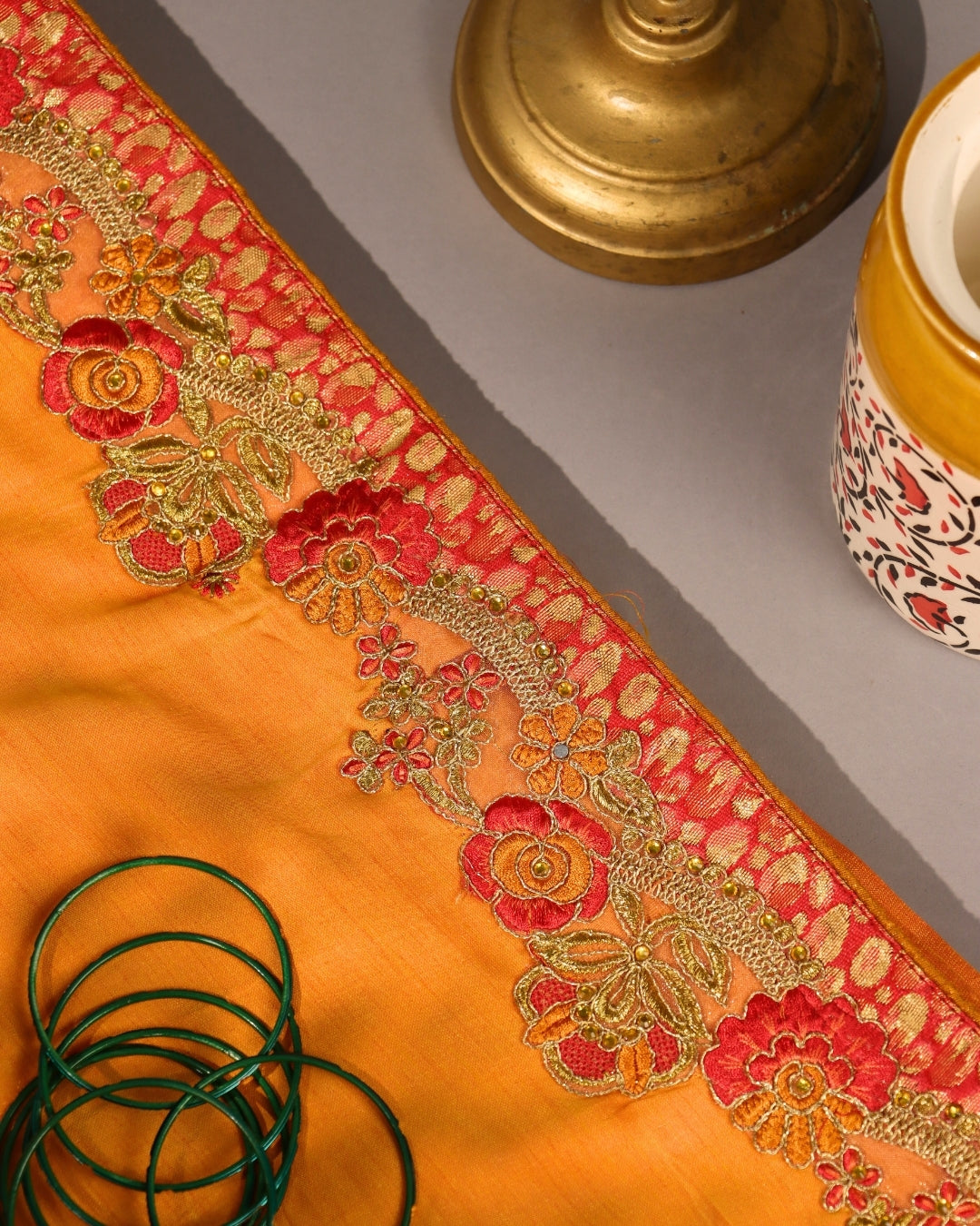 Mustard Yellow Silk Saree with Floral Embroidered Border