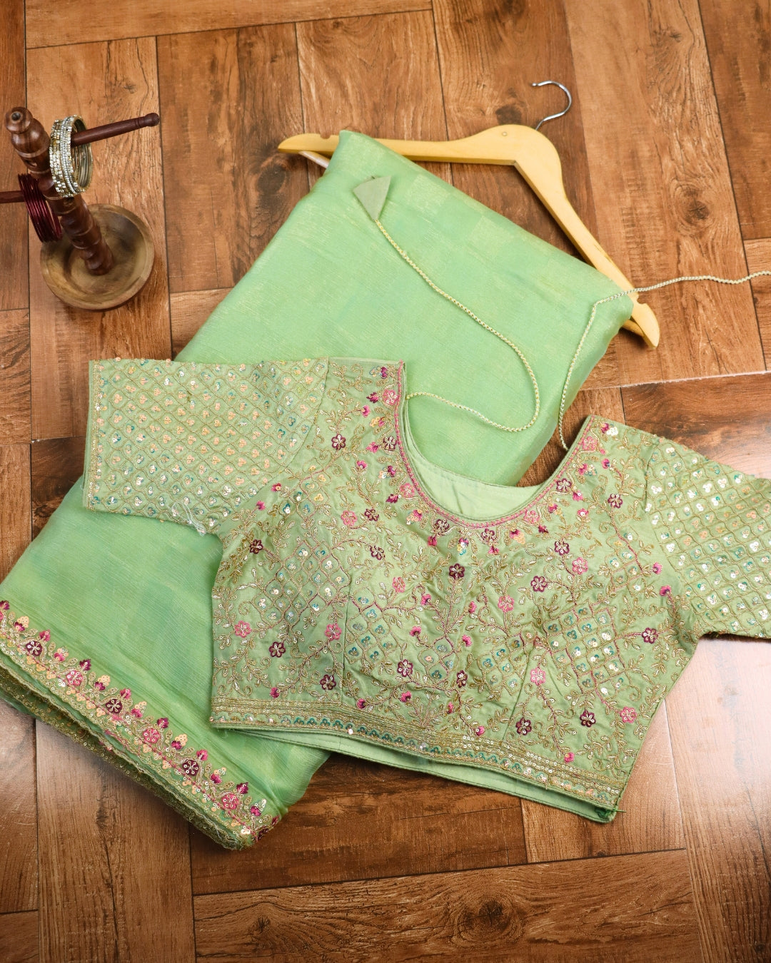 Mint Green Saree with Embroidered Designer Blouse