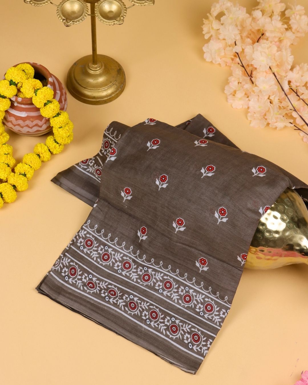 Mocha Brown with Floral Detailing Mul Cotton Saree