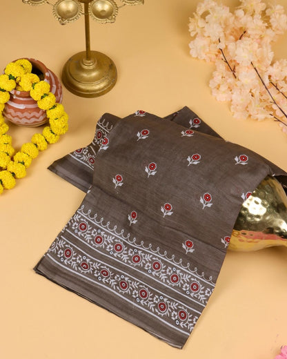 Mocha Brown with Floral Detailing Mul Cotton Saree