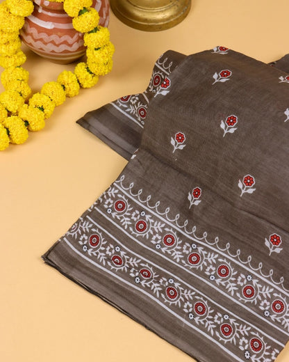 Mocha Brown with Floral Detailing Mul Cotton Saree