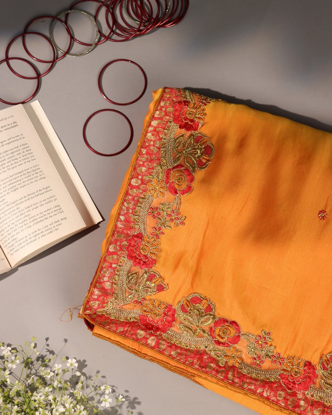 Mustard Yellow Silk Saree with Floral Embroidered Border