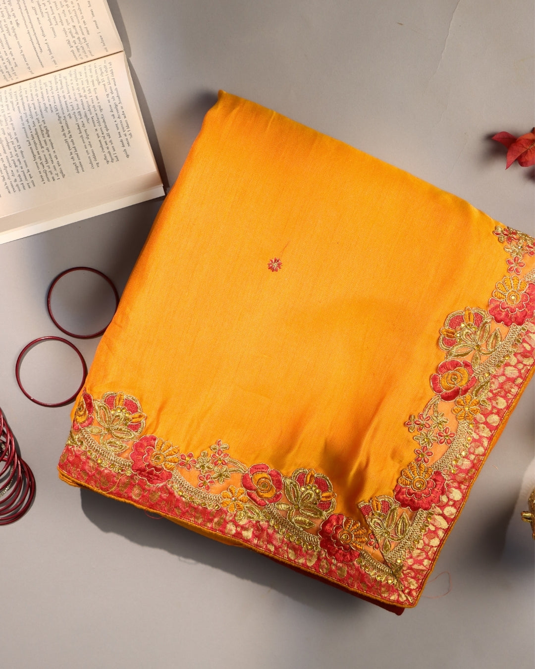 Mustard Yellow Silk Saree with Floral Embroidered Border