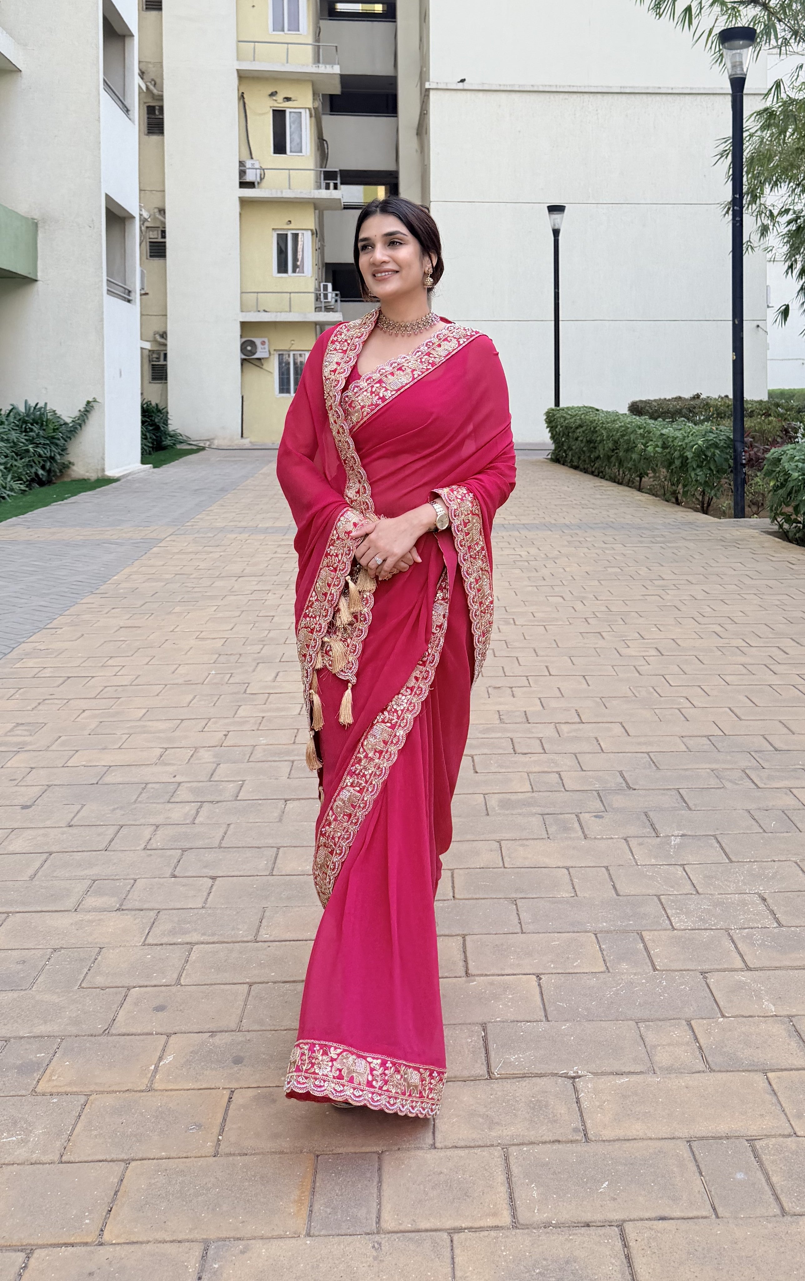 Rani Pink Embroidered Georgette Saree
