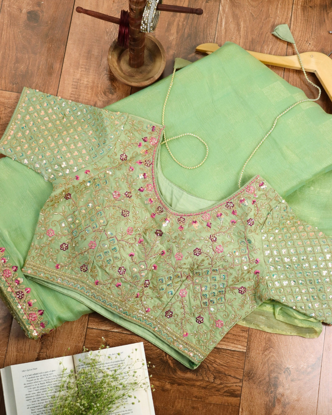 Mint Green Saree with Embroidered Designer Blouse