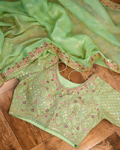 Mint Green Saree with Embroidered Designer Blouse