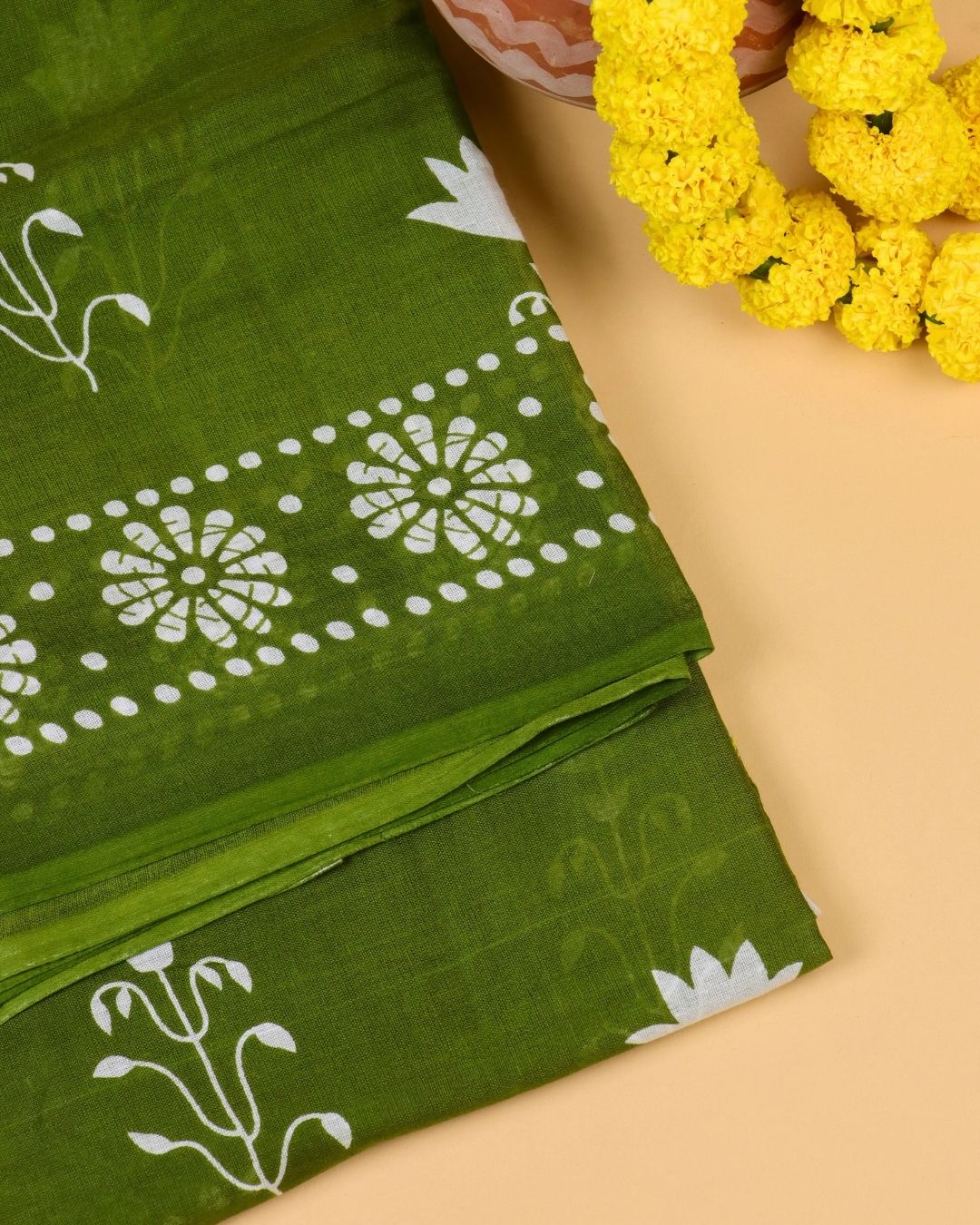 Olive Green Base Mul Cotton Saree