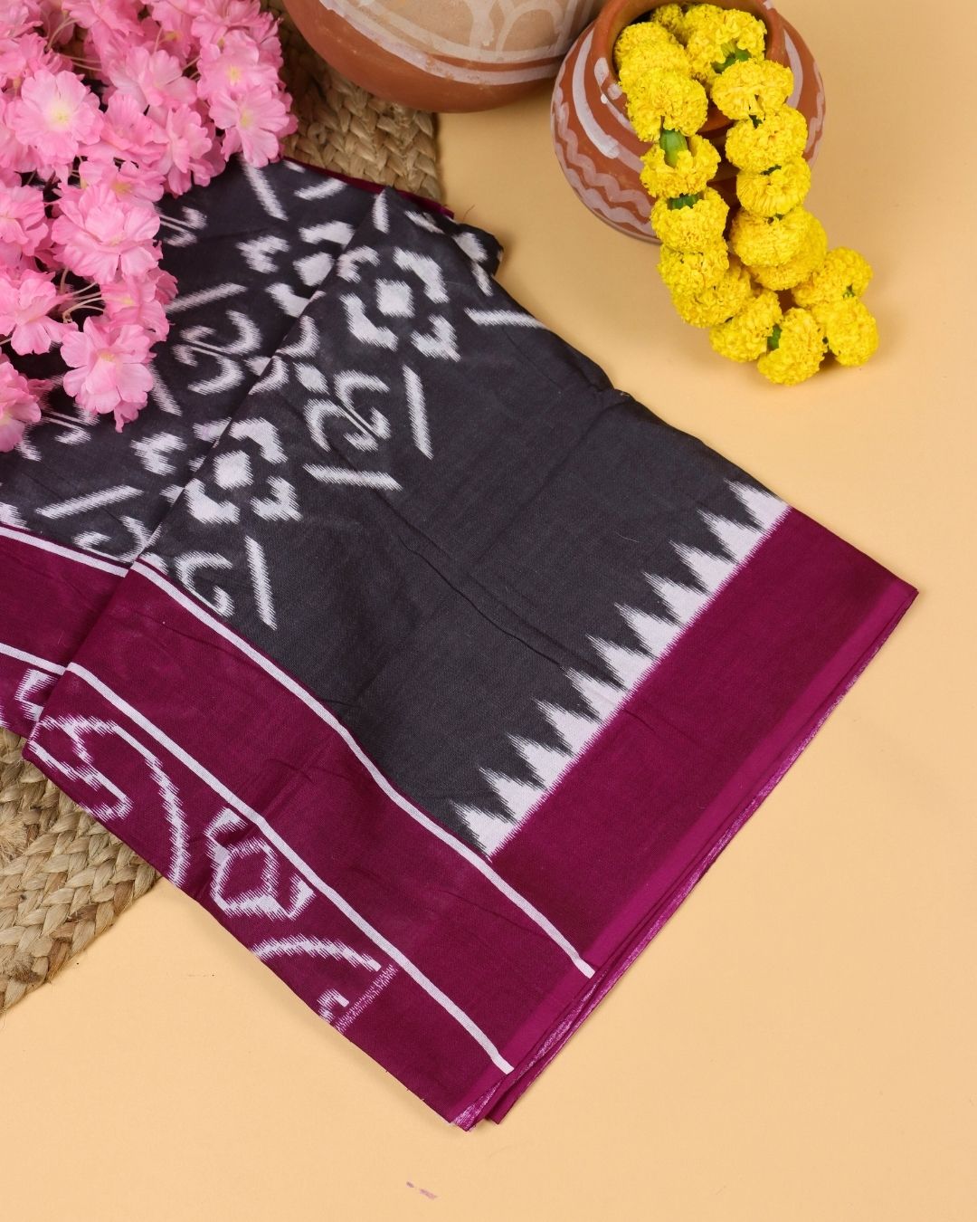 Charcoal Grey Mul Cotton Saree