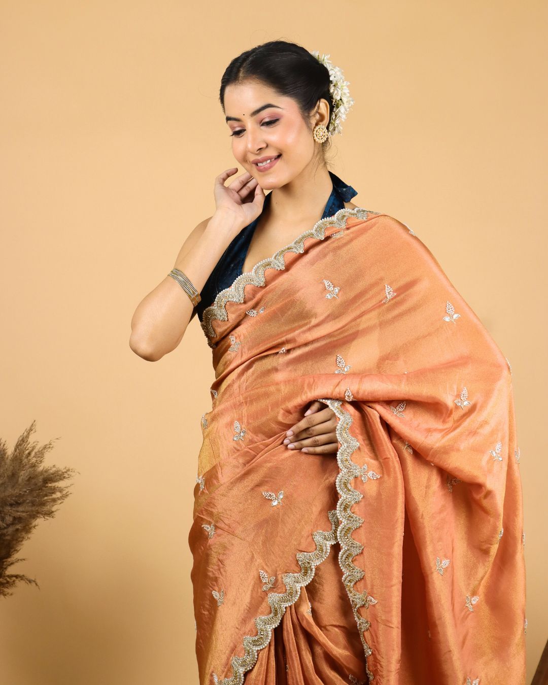 Peach Ember Silk Saree