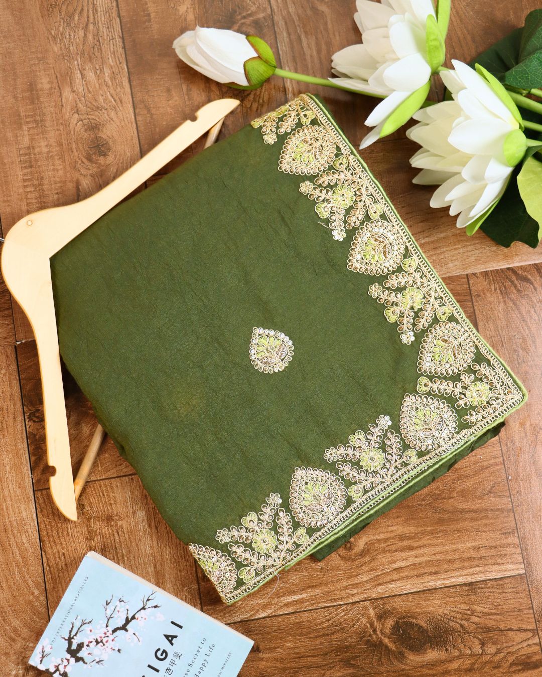 Deep forest green Embroidered Elegance Saree