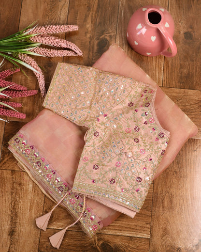 Peach Organza Saree with Embroidered Designer Blouse
