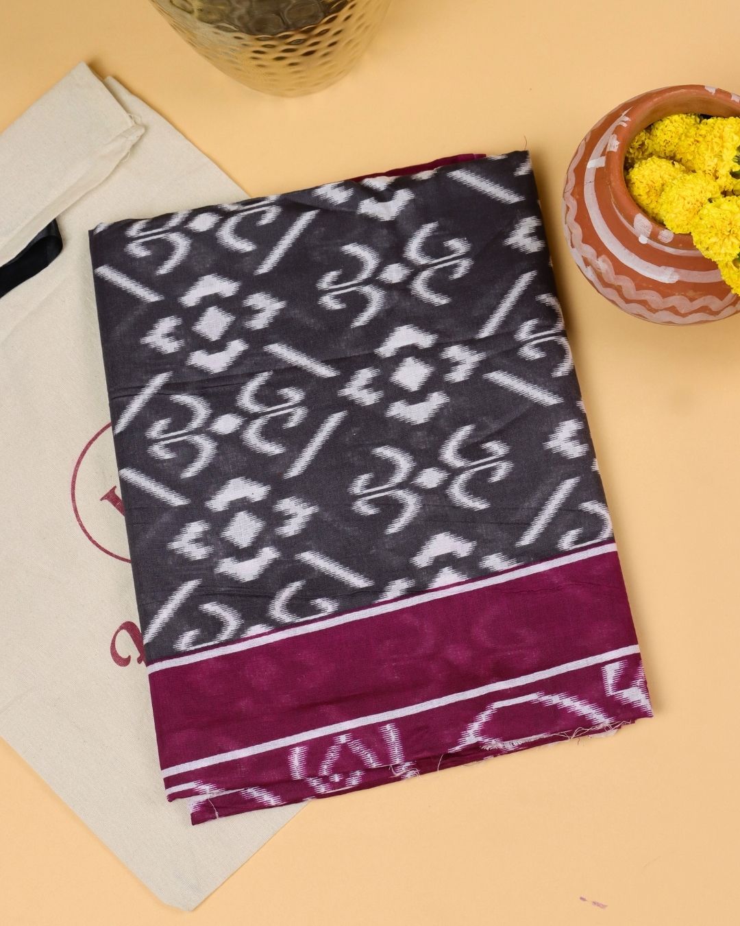 Charcoal Grey Mul Cotton Saree