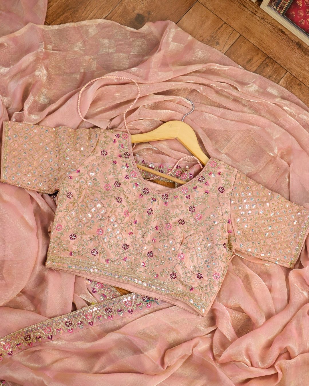 Peach Organza Saree with Embroidered Designer Blouse