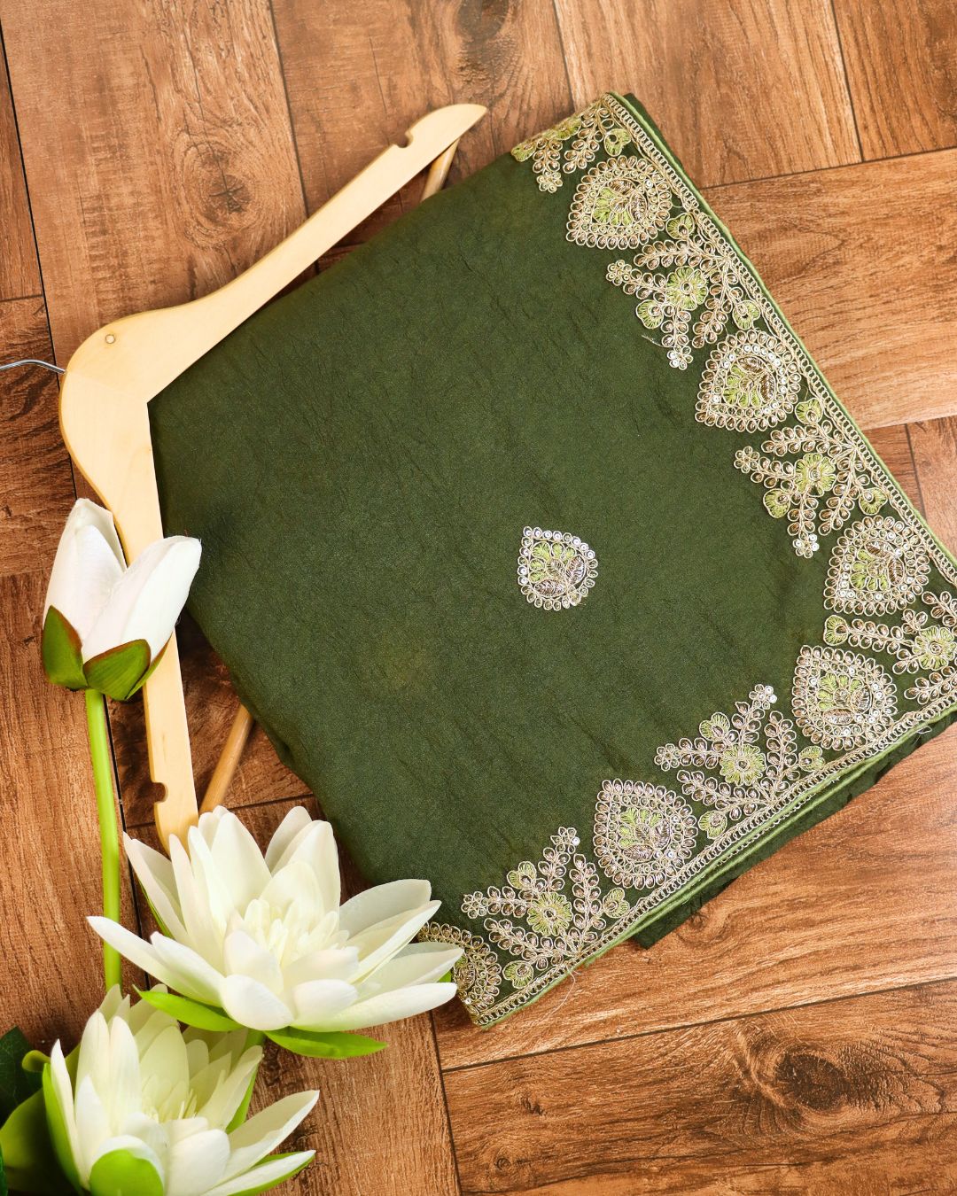 Deep forest green Embroidered Elegance Saree