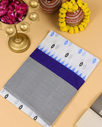 White and royal blue Mul cotton saree