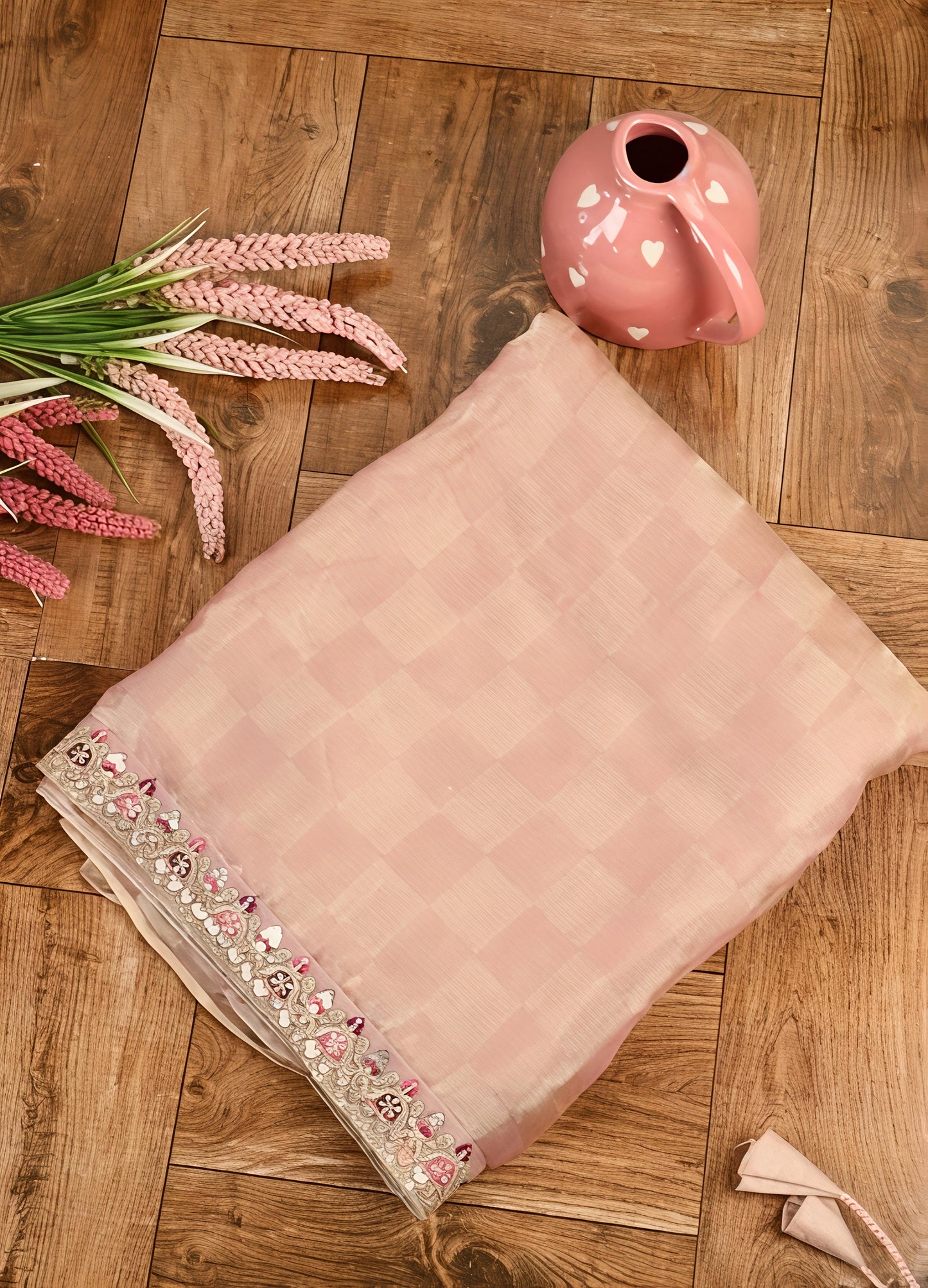 Peach Organza Saree with Embroidered Designer Blouse