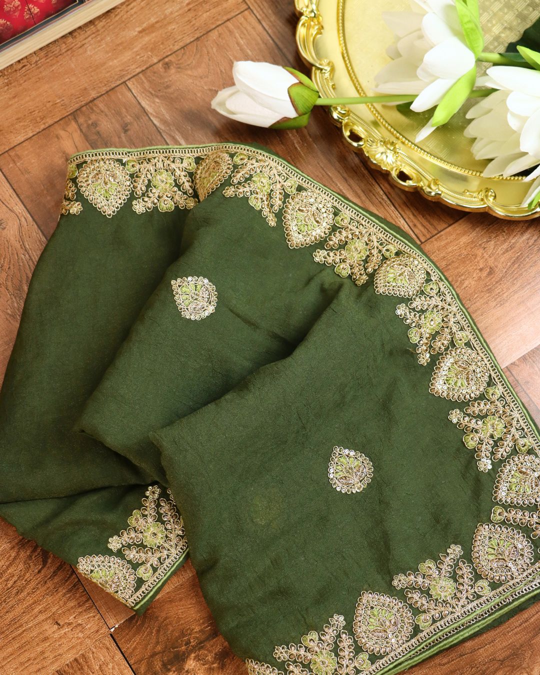 Deep forest green Embroidered Elegance Saree