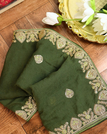 Deep forest green Embroidered Elegance Saree