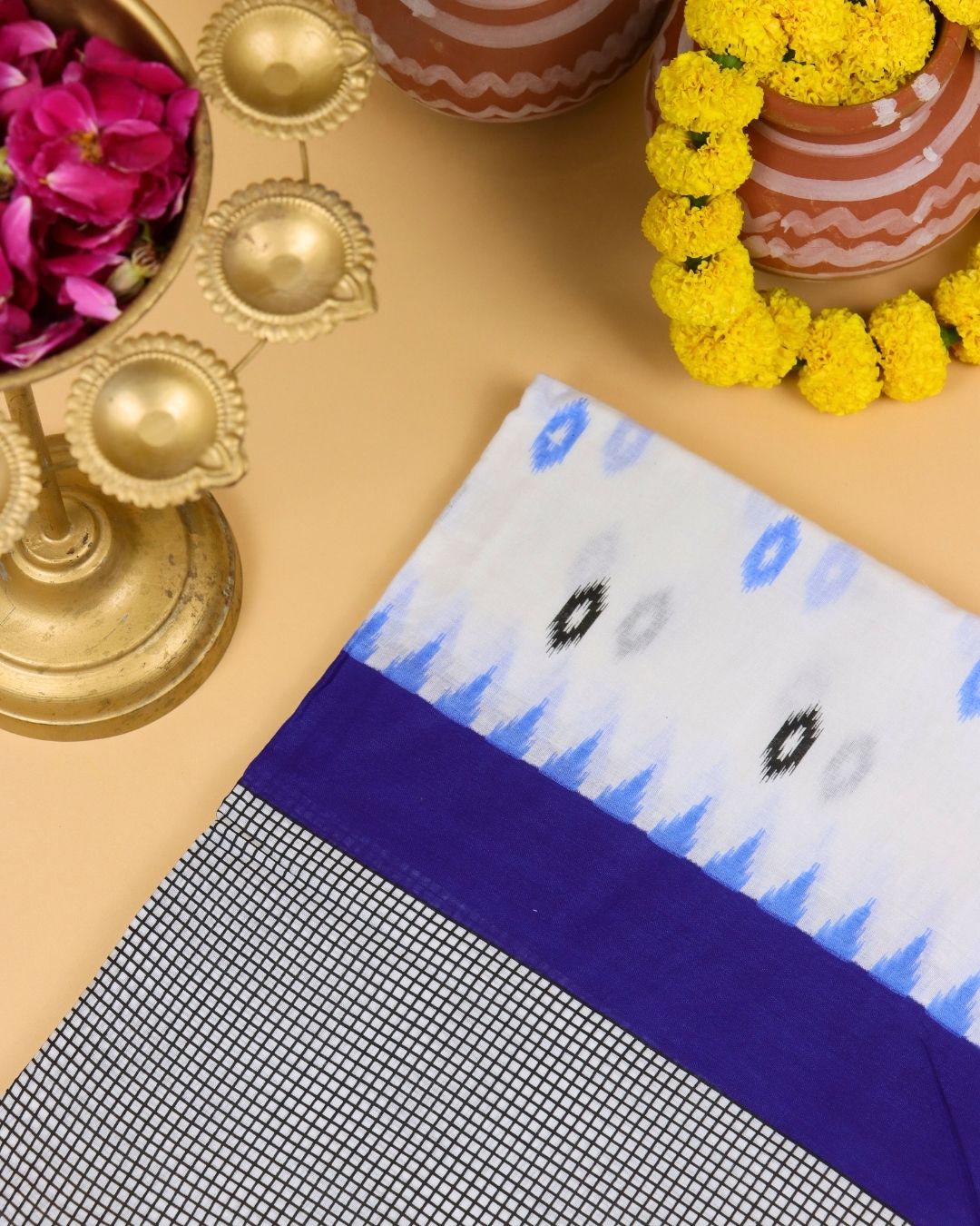 White and royal blue Mul cotton saree