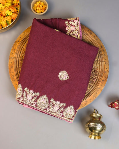 Maroon Embroidered Silk Saree with Zari Border
