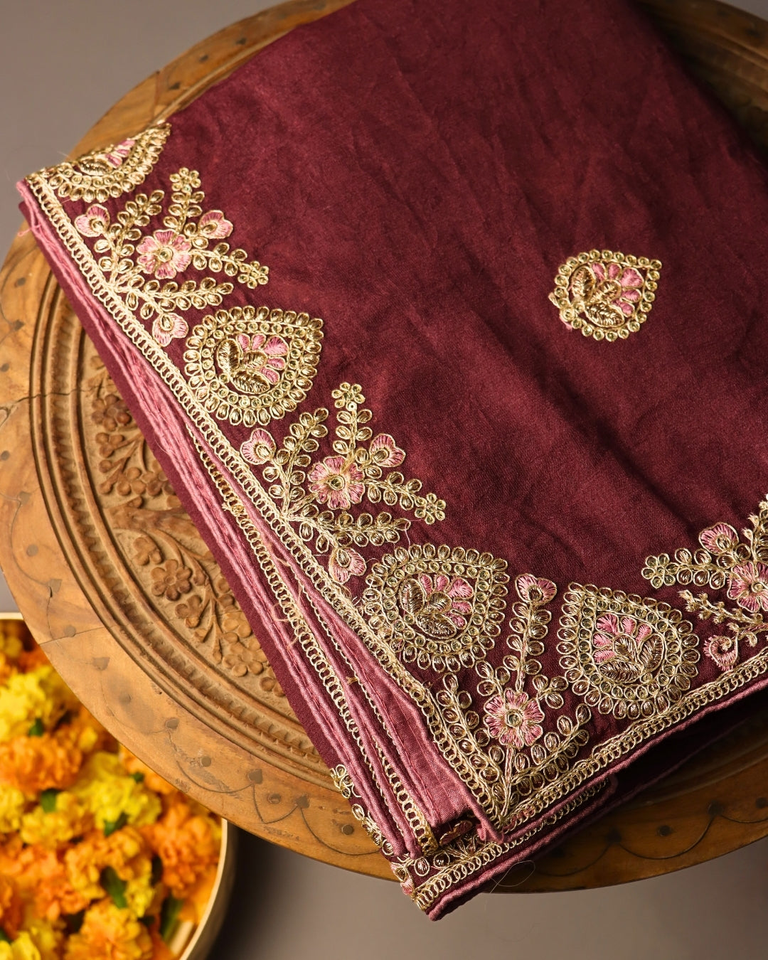Maroon Embroidered Silk Saree with Zari Border