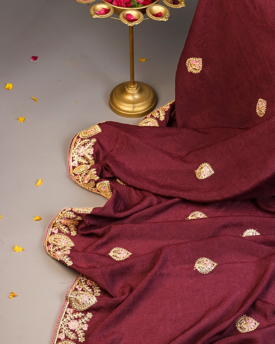 Maroon Embroidered Silk Saree with Zari Border