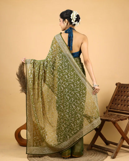 Olive Green Tissue Silk Saree