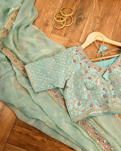 Sea blue fancy Saree with Hand Embroidered Designer Blouse