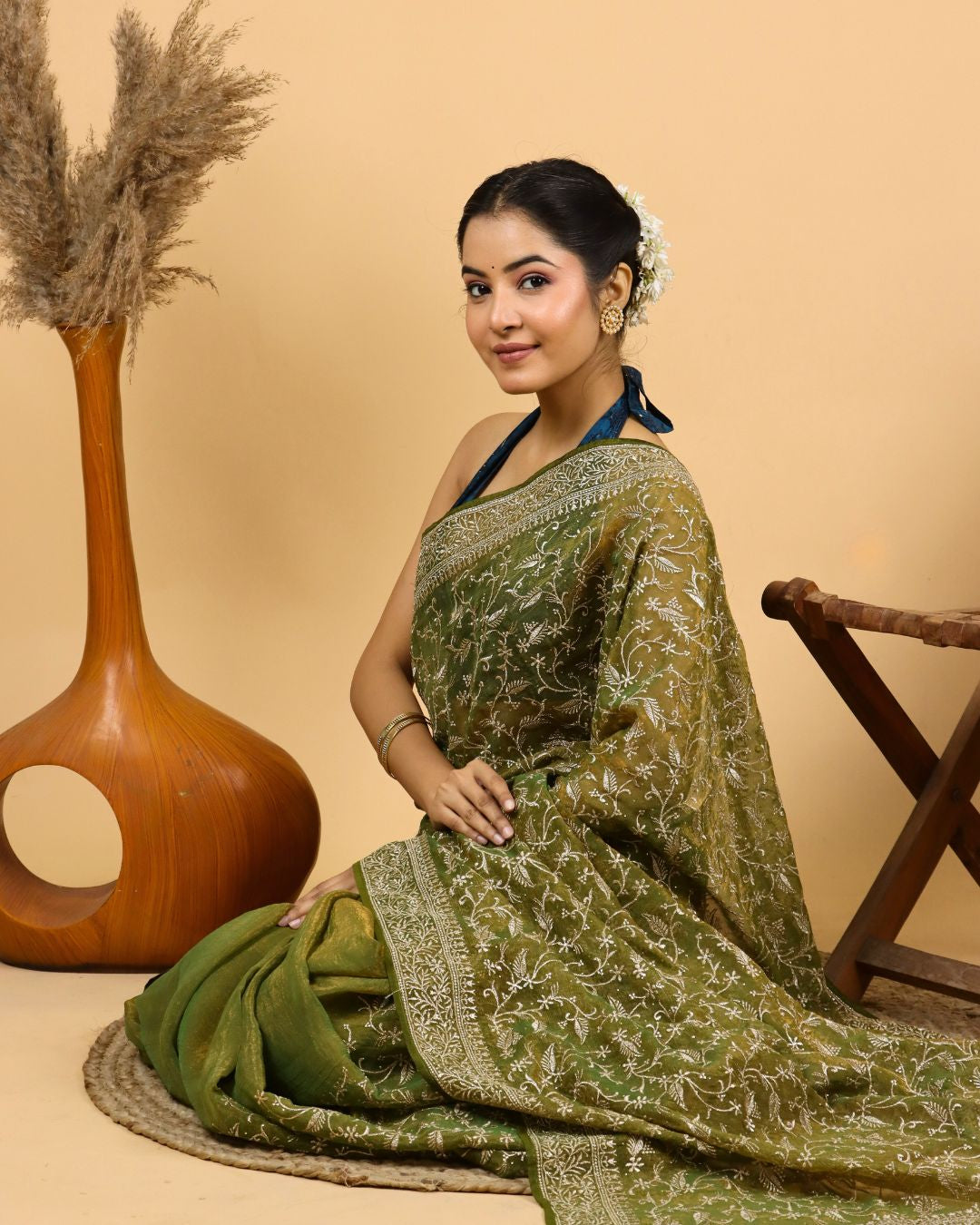 Olive Green Tissue Silk Saree