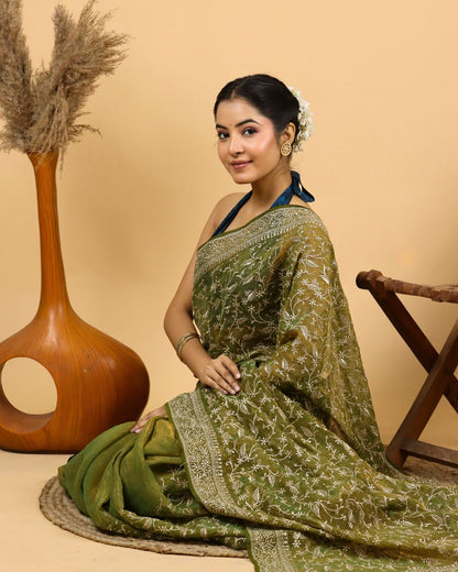 Olive Green Tissue Silk Saree