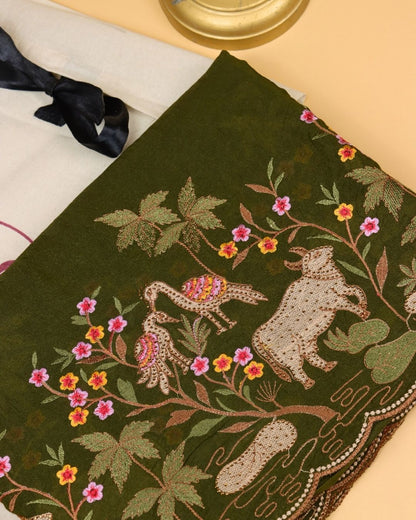 Olive Green Cotton Silk Saree