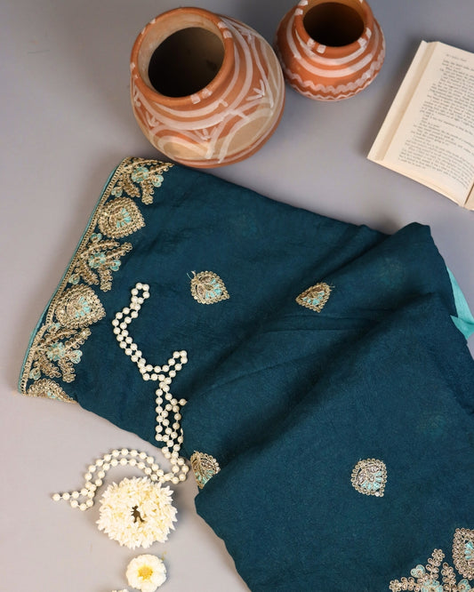 Teal Blue Embroidered Designer Saree