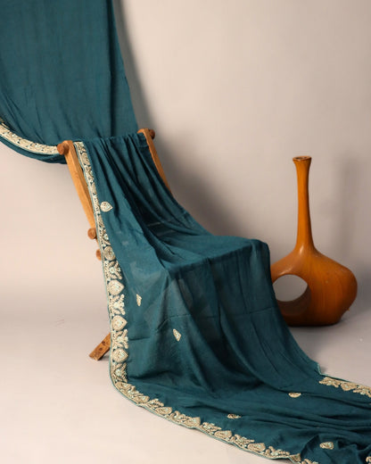 Teal Blue Embroidered Designer Saree