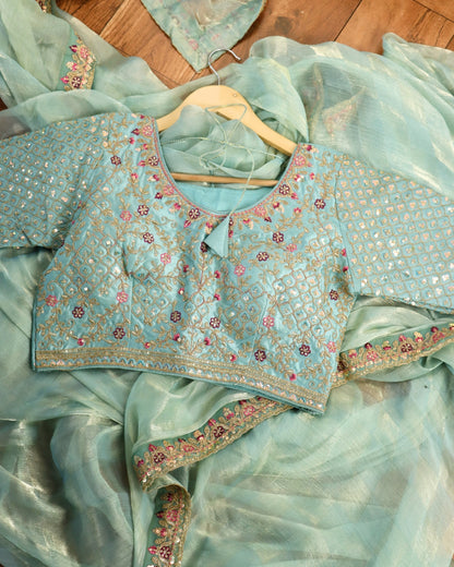 Sea blue fancy Saree with Hand Embroidered Designer Blouse