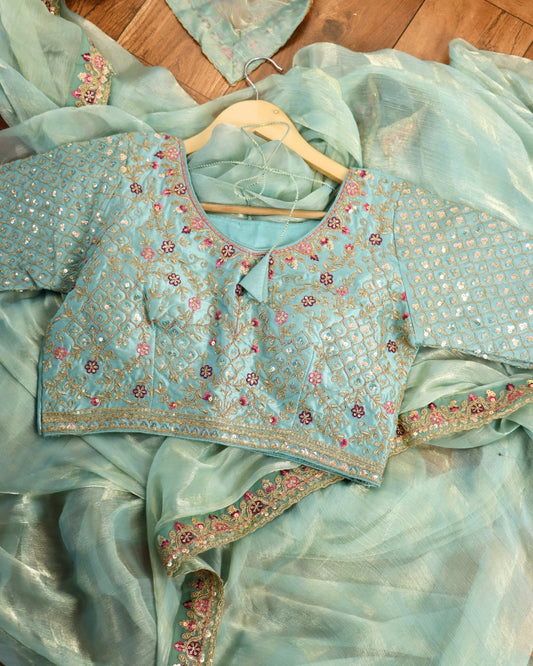Sea blue fancy Saree with Hand Embroidered Designer Blouse