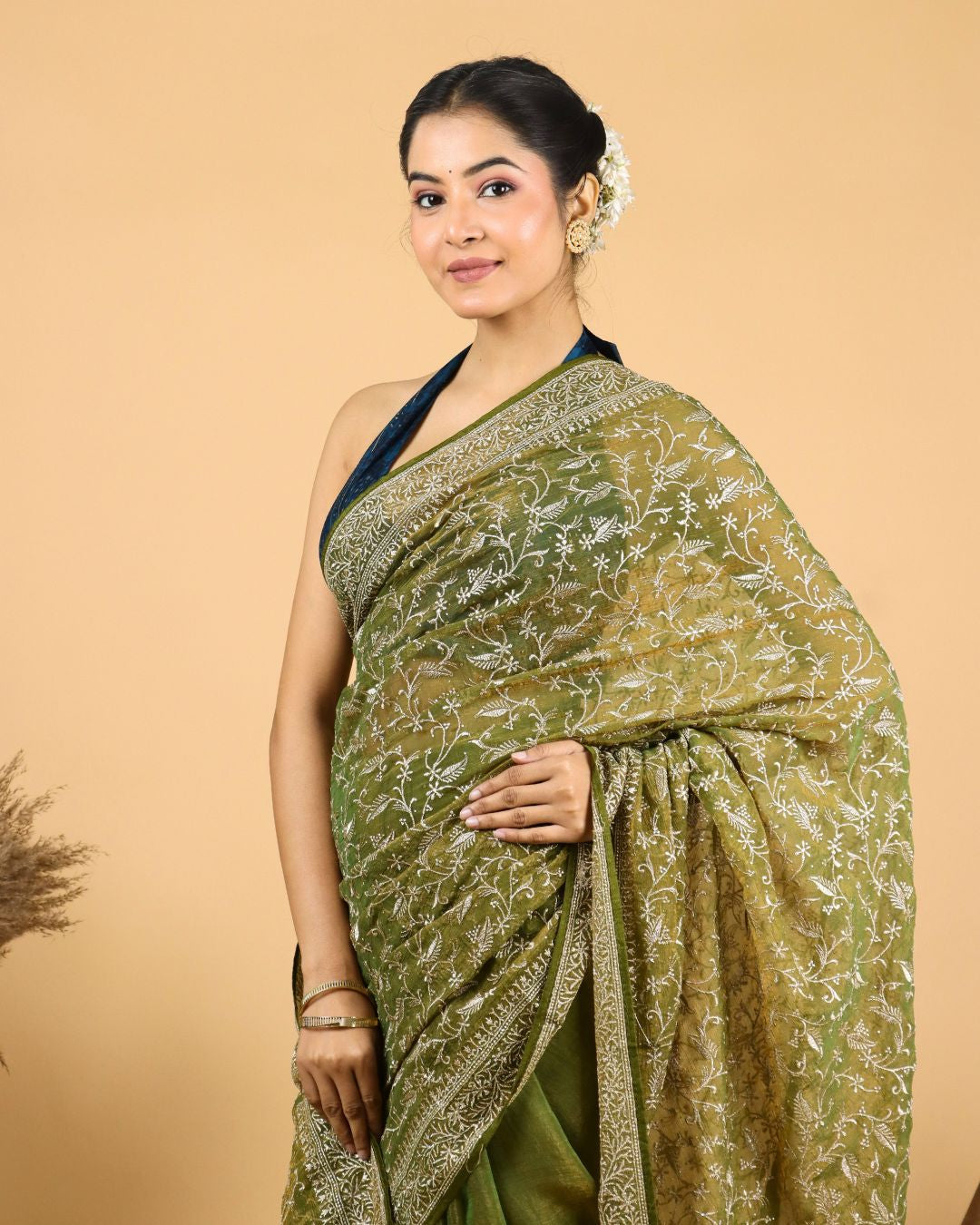 Olive Green Tissue Silk Saree
